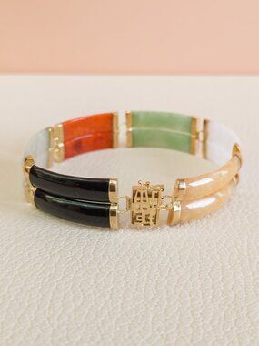 Vintage Multicolor Jade & 14K Gold Panel Bracelet – Hong Kong Export Mark